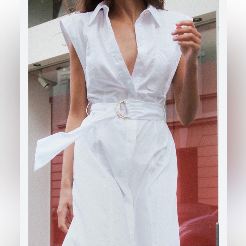 Zara Long Poplin Shirt Dress Belted A-Line Maxi Minimal Old Money White Gold